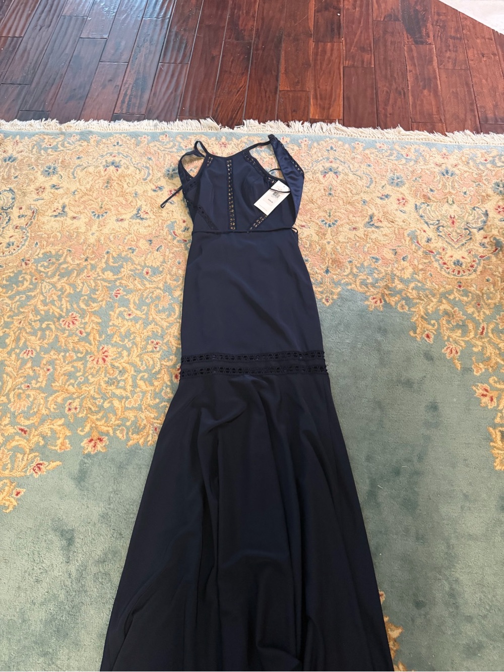 Theia Open Back Navy Maxi Dress with Lace Insets